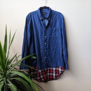 ASOS Men's Super Longline Denim Plaid Button Down